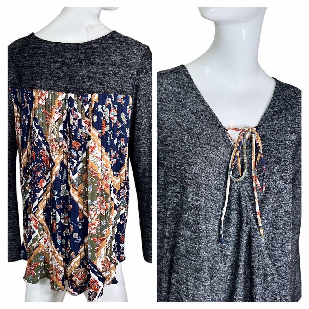Mystree Sz Medium (M) BOHO High-Lo Tie Neck Printed Rayon Blend Blouse Women's